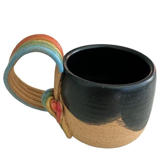 Handmade Wheel Thrown Ceramic Black and Rainbow Handle Pottery Coffee Tea Mug - Picture 8 of 8